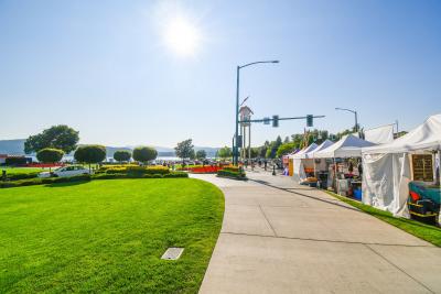 grassy, sunny park with tented activity booths