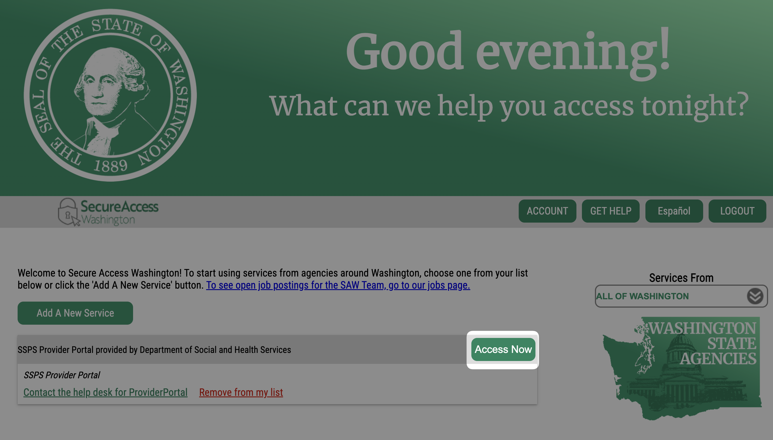 A screenshot of the SAW website with the "Access now" button highlighted.