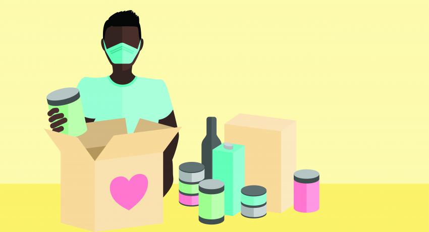 graphic of man wearing mask with food supplies in a box