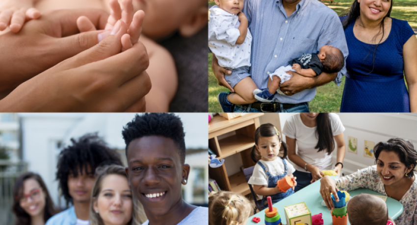 A composite of several images including an infant and caregiver, a young family, a group of adolescents, and children in a preschool setting. 